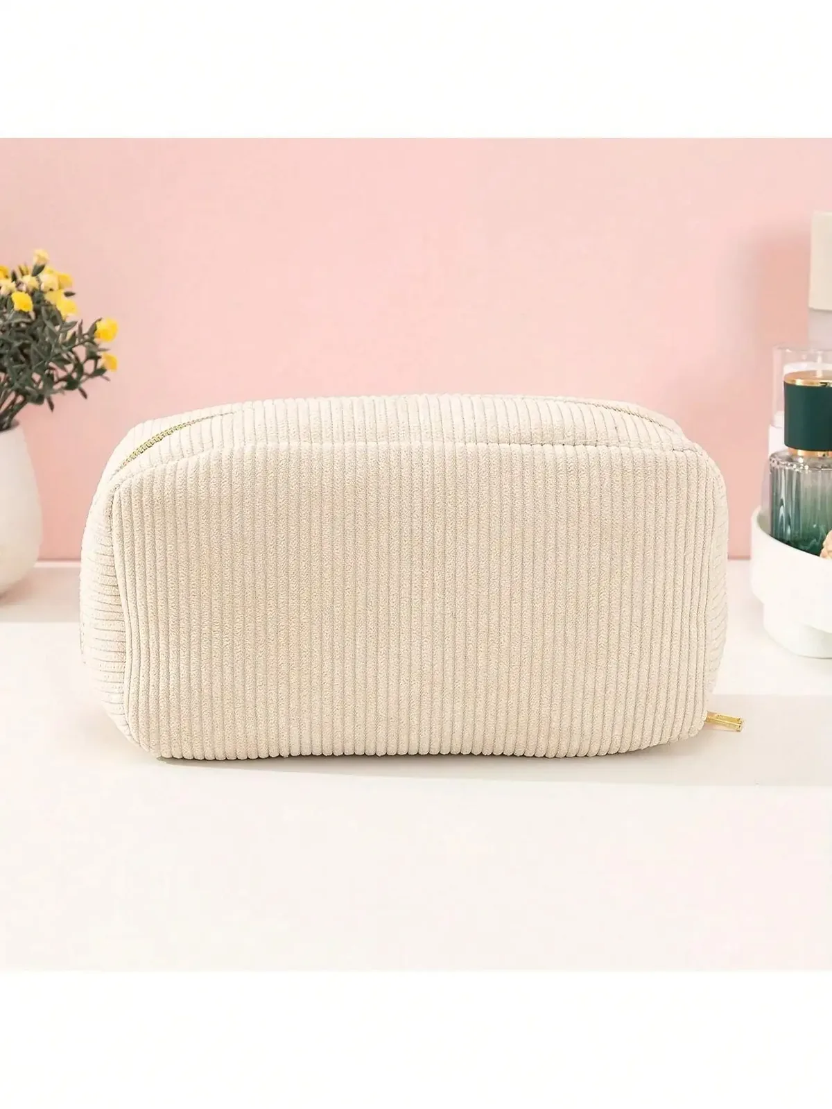 sac de maquillage beige en velours côtelé moelleux, sac à cosmétiques pour filles, organisateur de voyage, rangement de maquillage, sac de lavage pour femmes