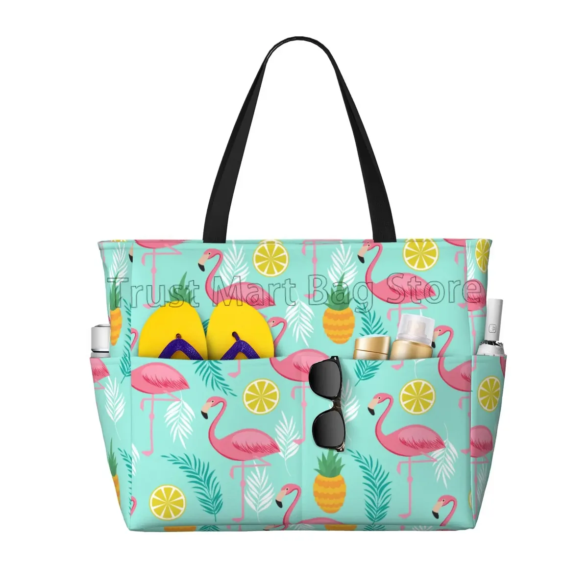 grand sac fourre-tout de plage imprimé flamant rose pour femmes, sac de voyage portable, sac de piscine étanche et résistant au sable pour la natation, la salle de sport, les vacances d'épicerie
