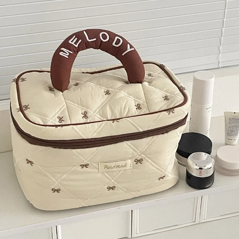 mode marron arc gâteau femmes maquillage sac à fermeture éclair grande capacité fourre-tout organisateur toilette cosmétique pochette dames maquillage sac à main 2025