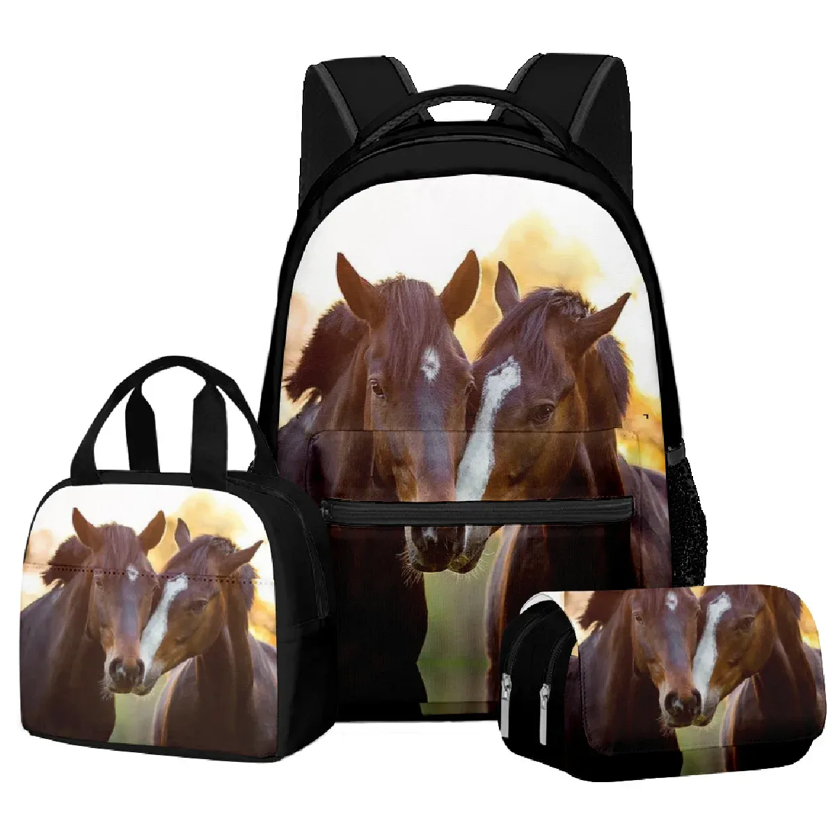 mode nouveauté cool prairie cheval 3d imprimé 3 pièces/ensemble étudiant sacs d'école ordinateur portable sac à dos sac à déjeuner sac à crayons