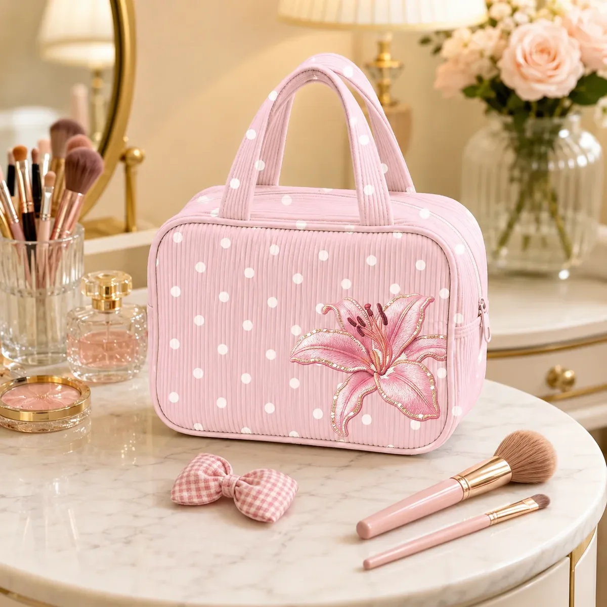 trousse de maquillage rose à pois avec broderie de lys, organiseur de maquillage portable à fermeture éclair pour femmes, voyage, articles de toilette et beauté
