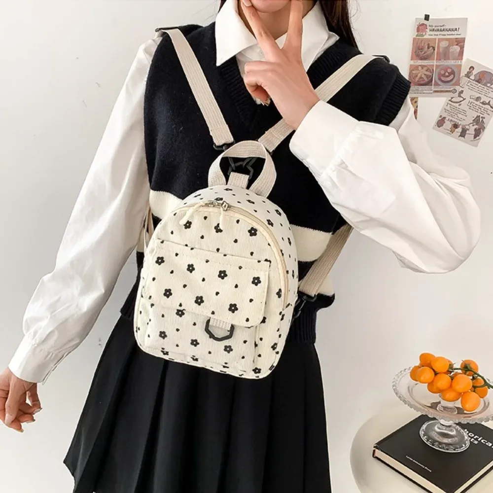 petits sacs à dos imprimés de fleurs, légers, à poches multiples, en velours côtelé, mini sac à dos pour dames, mode femmes, sac à bandoulière 4 couleurs