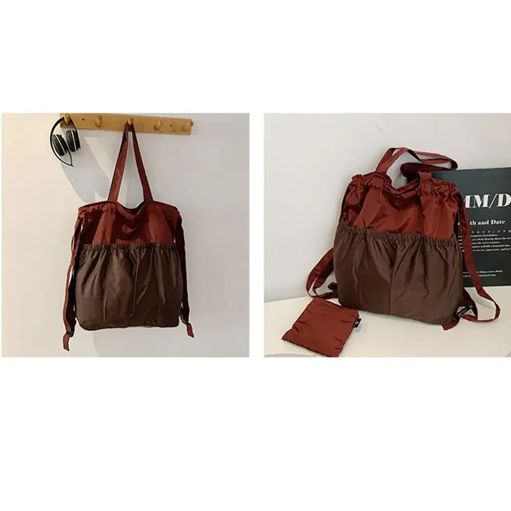 sac à dos pliable de grande capacité, imperméable, patchwork, couleurs contrastées, sac de voyage à cordon, poignée confortable, réutilisable