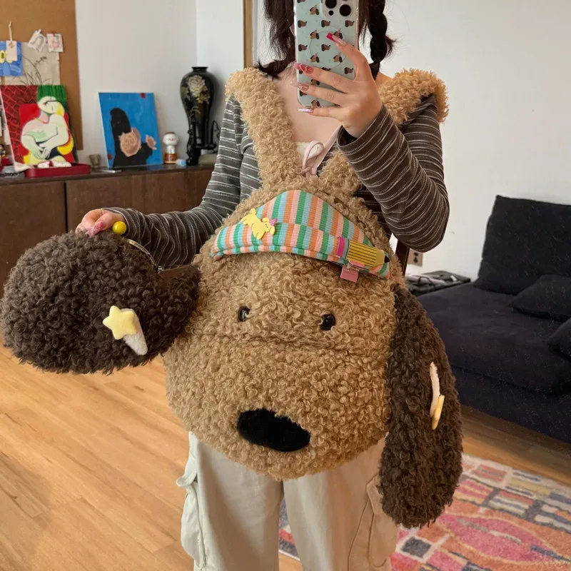 nouveau sac à dos chien en fourrure bouclée surdimensionné mignon grande capacité sac à bandoulière animal en peluche sac de voyage kawaii dessin animé pour femmes filles
