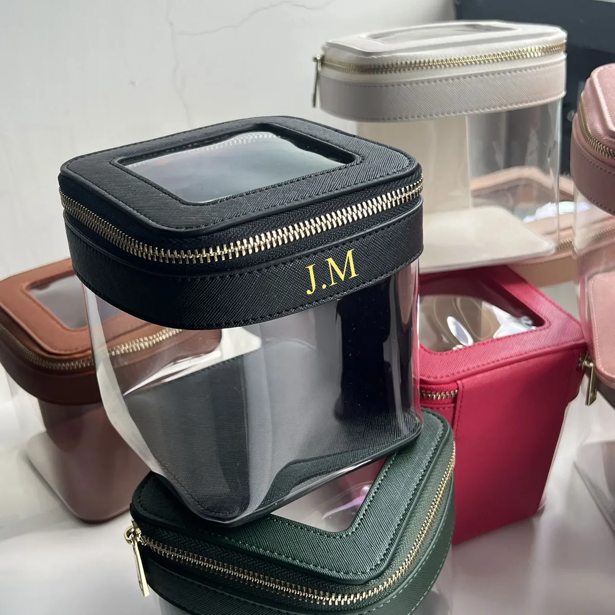 sac à cosmétiques transparent en cuir saffiano avec lettres personnalisables, trousse de maquillage étanche, petit étui à cosmétiques, ensemble portable pour voyage