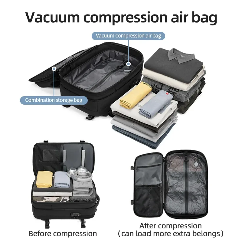 sac à dos de voyage pour hommes, sac à dos à compression sous vide pour ordinateur portable de 17 pouces, sac à dos d'affaires de grande capacité, sac à dos de camping, sac à dos de randonnée extensible
