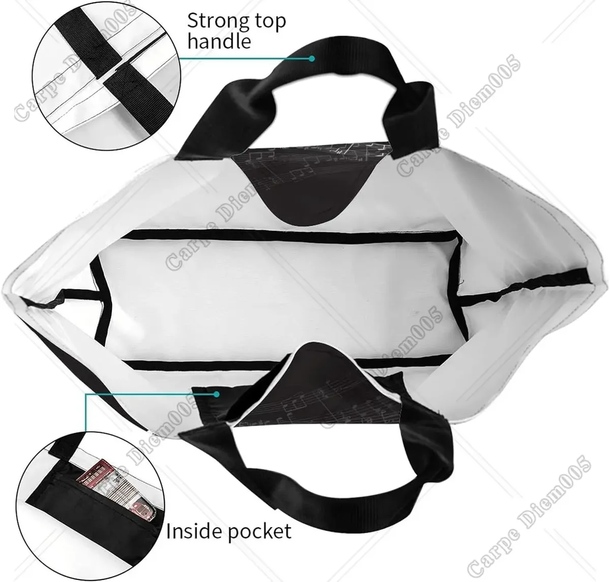grand sac fourre-tout réutilisable pour femme, sac à main décontracté, sac d'épicerie polyvalent, travail en plein air, marche, notes de musique