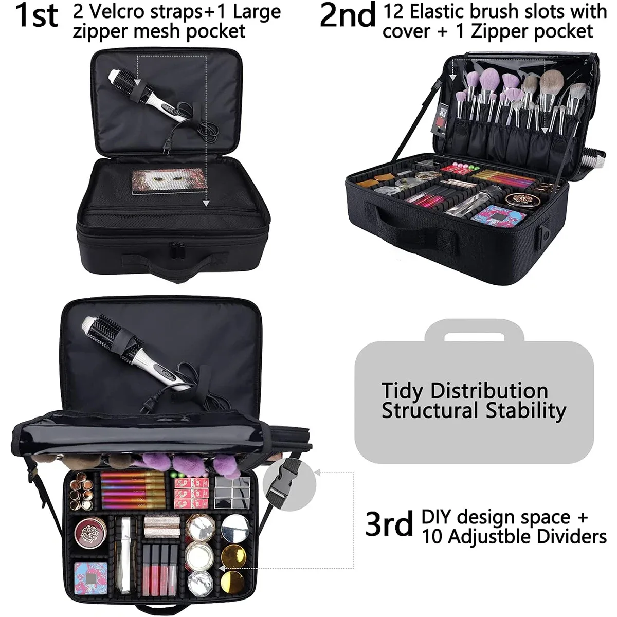 trousse de maquillage de voyage de grande capacité, forêt d'artiste portable avec séparateurs réglables et bandoulière pour articles de toilette et bijoux