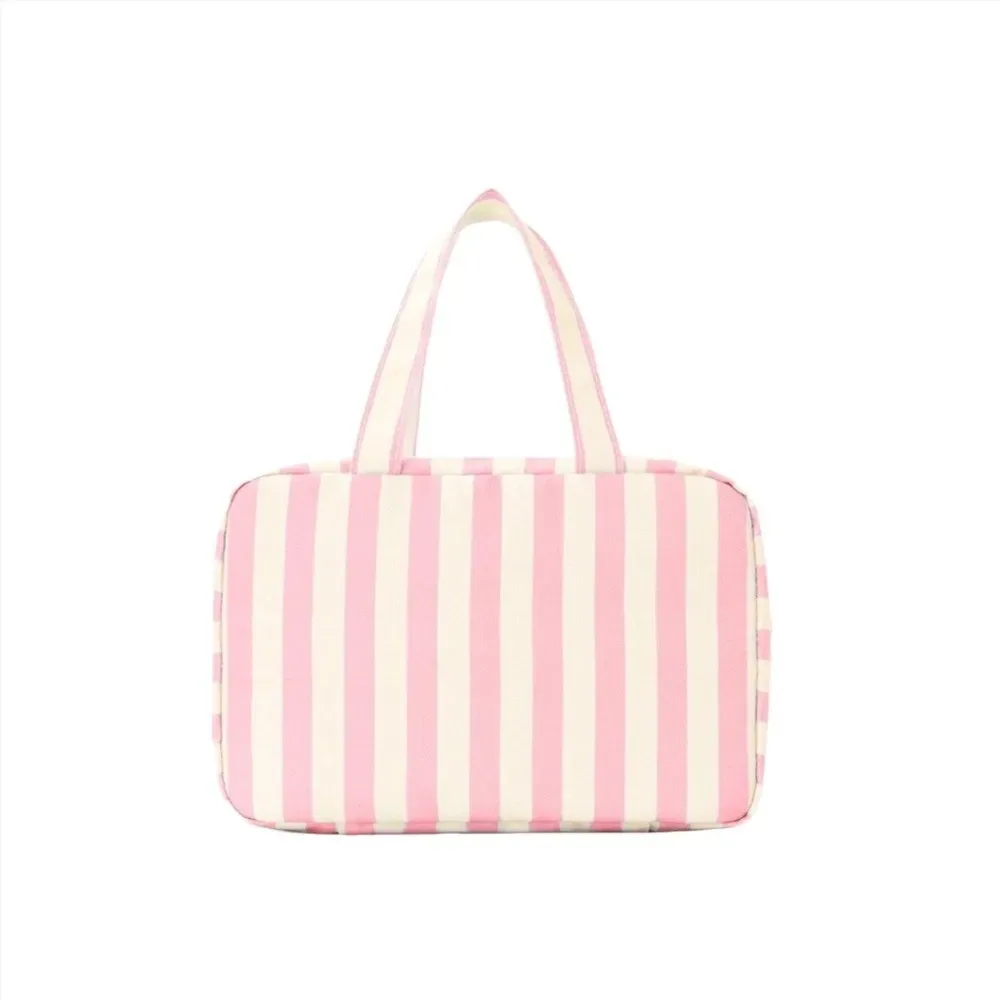 Trousse de Toilette de Voyage Suspendue Portable Rayée, Organisateur Cosmétique Pliable 4 Volets avec Crochet, Grande Capacité, Sac de Maquillage pour Extérieur
