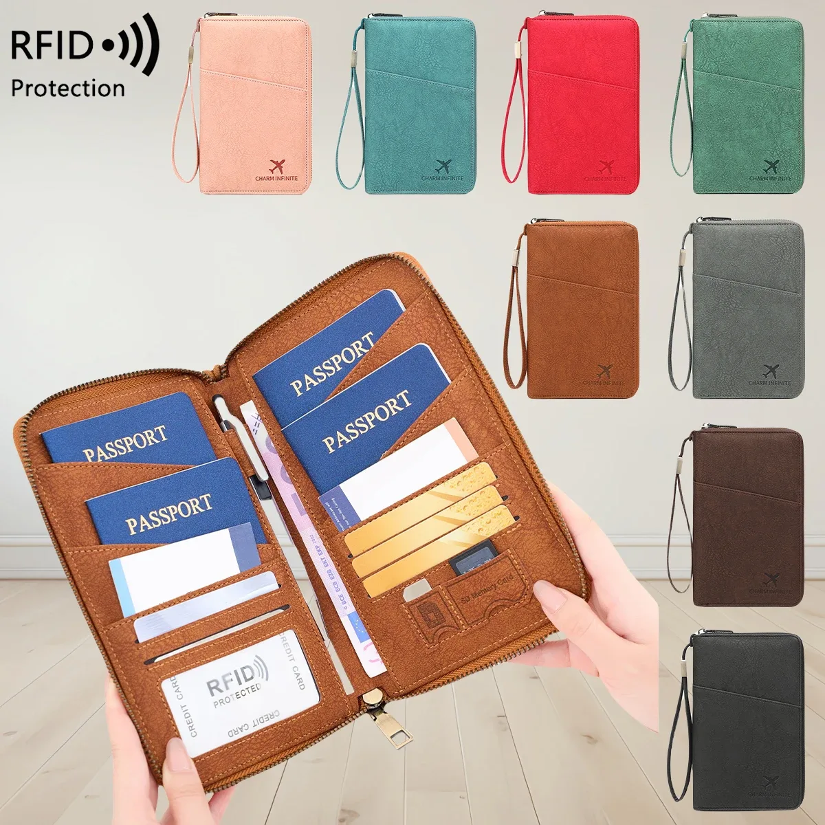 Sac de passeport multifonctionnel bloquant RFID, porte-documents de voyage avec portefeuille de rangement de billets à longue fermeture éclair pour plusieurs passeports