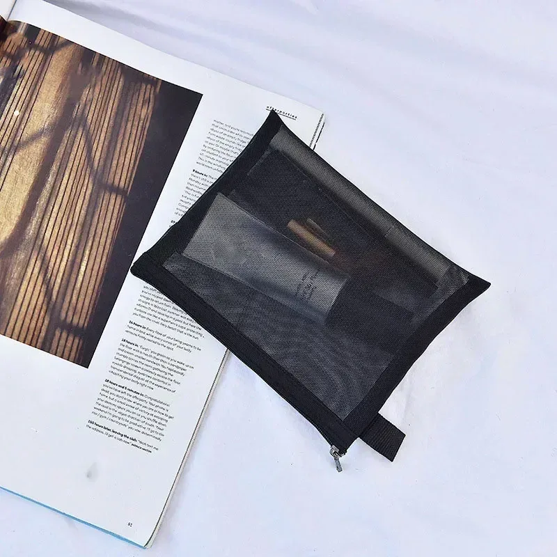 sacs de maquillage de lavage de toilette, trousse de maquillage en maille transparente noire, pochette de rangement, sac à cosmétiques de voyage pour femmes, fermeture éclair décontractée