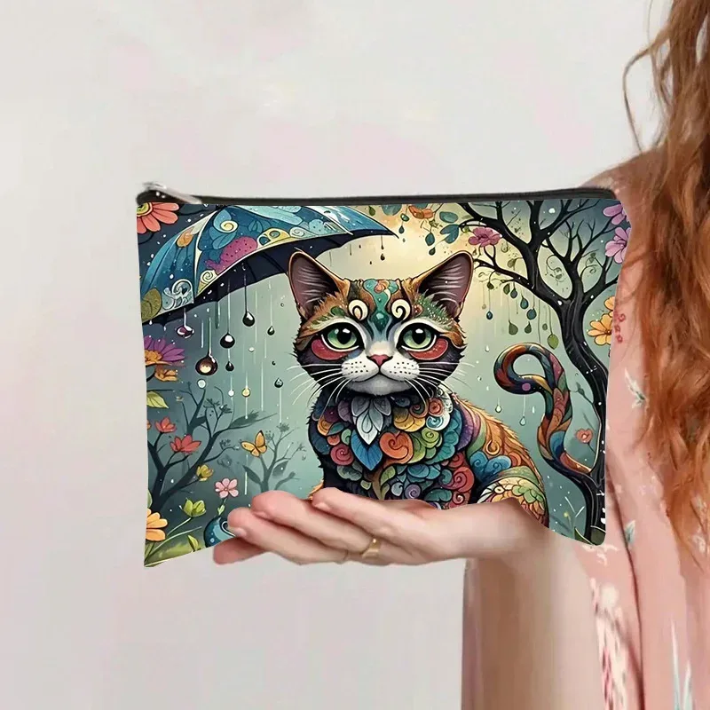 trousse de maquillage rétro chat, pochette de rangement de cosmétiques en toile de grande capacité, trousse de toilette portative avec fermeture éclair pour organisateur personnel