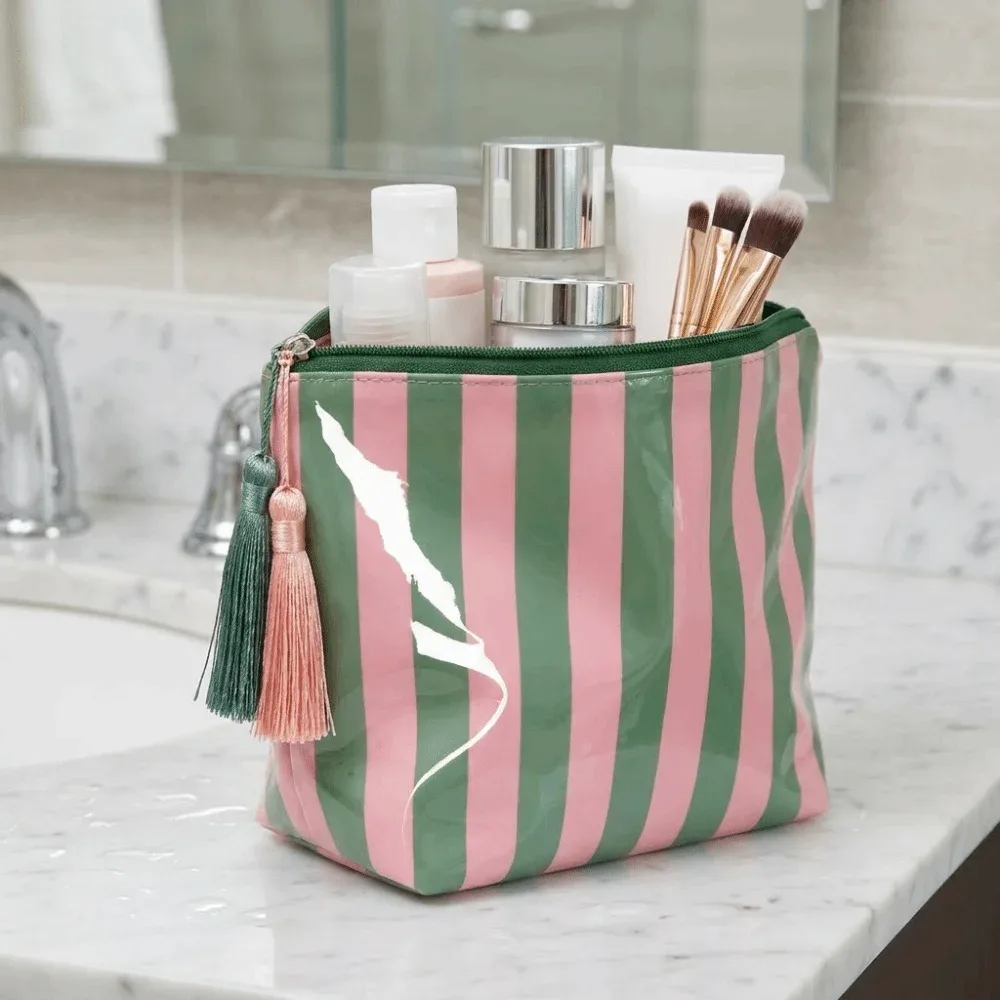 trousse de toilette de voyage portable à franges, design mignon, fermeture éclair, sac cosmétique rayé en pvc, grande capacité, sac brillant pour pinceaux de maquillage
