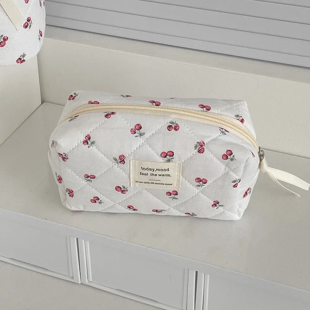mode cerise fourre-tout femmes sac de maquillage portable mignon dames cosmétique toilette pochette de rangement sac à main coton matelassé sac à fermeture éclair