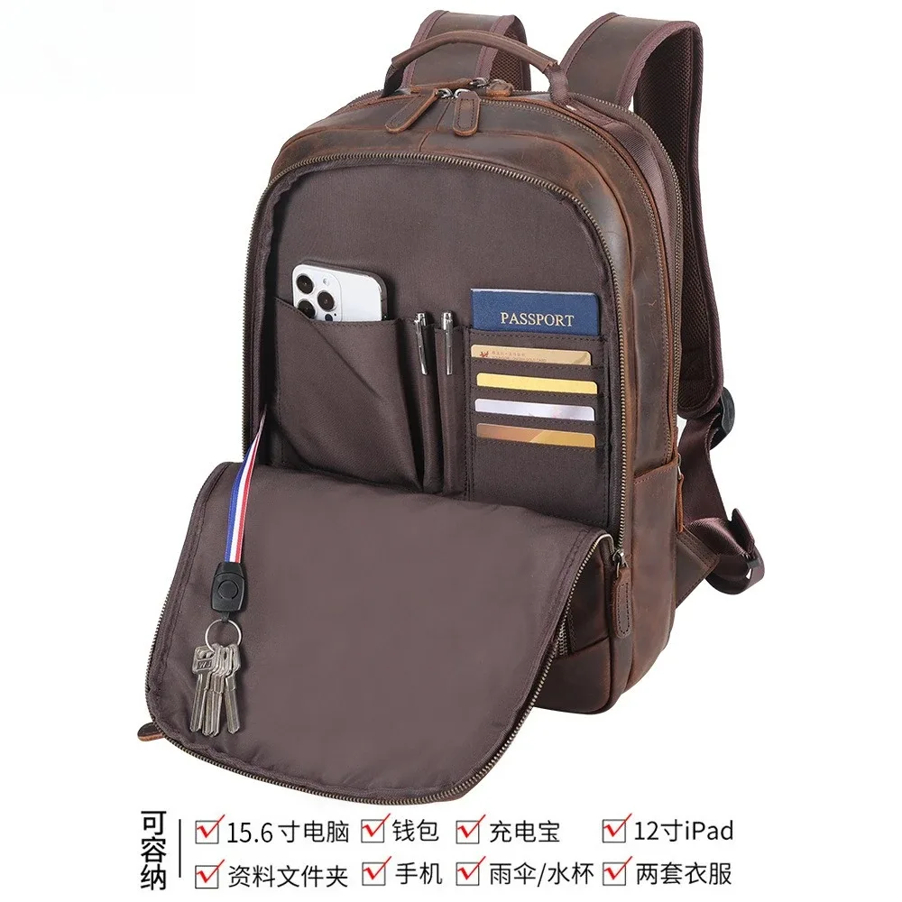sac à dos pour ordinateur portable en cuir véritable pour hommes de 15,6 pouces, sac d'affaires en cuir de vache de qualité supérieure, sac à dos de voyage et de camping