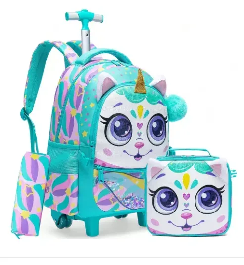 sac à dos scolaire à roulettes, ensemble de 3 pièces, sac à déjeuner, sac à stylos, sac à dos d'école à roulettes pour filles, ensemble de sacs à roulettes avec sac à déjeuner
