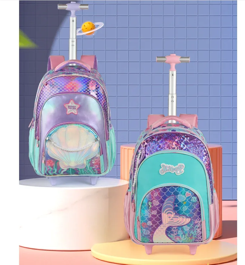 sac à dos à roulettes pour filles, sac à dos à roulettes mignon, bagage à main pour enfants avec boîte à lunch et trousse à crayons pour l'école primaire