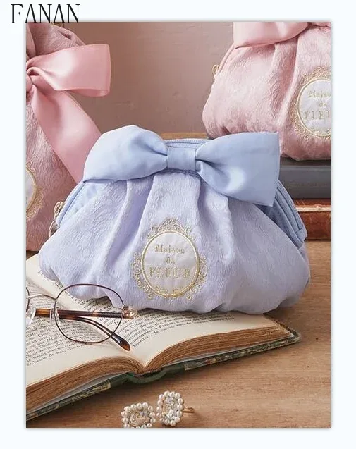 sacs à cosmétiques en tissu jacquard pour femmes, broderie, nœud mignon, sac de rangement décontracté doux pour dames, style japonais, nouveau, 2025