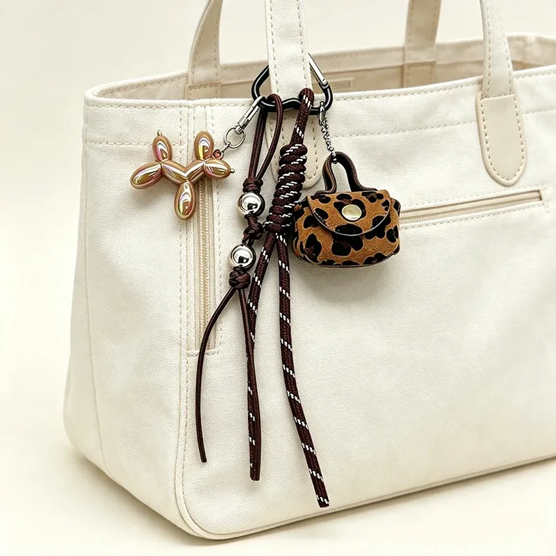 porte-clés tendance imprimé léopard, pendentif de sac, accessoires pour sac à main et sac à dos, décor en corde tressée maillard