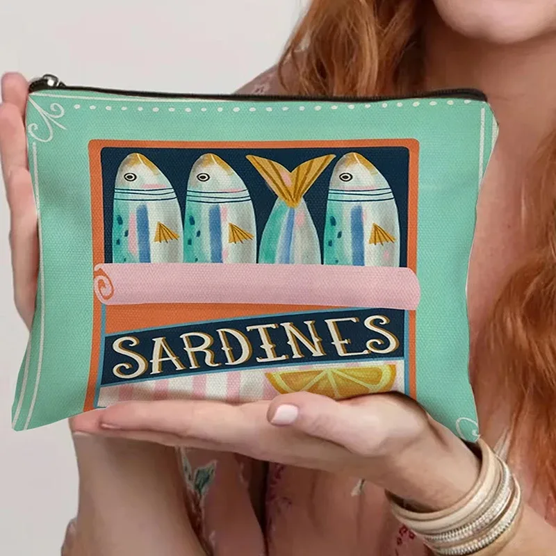 sac à cosmétiques en toile vintage, trousse de maquillage simple de grande capacité, pochette de voyage pour femmes, trousse de toilette rétro, design d'huile d'olive de sardines