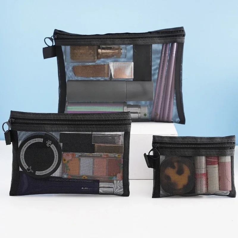 sacs à cosmétiques transparents en maille, trousse de maquillage noire, trousse de rangement portable, trousse de voyage en plein air, rouge à lèvres, poudres, cadeaux, taille s, m, l, 3 pièces