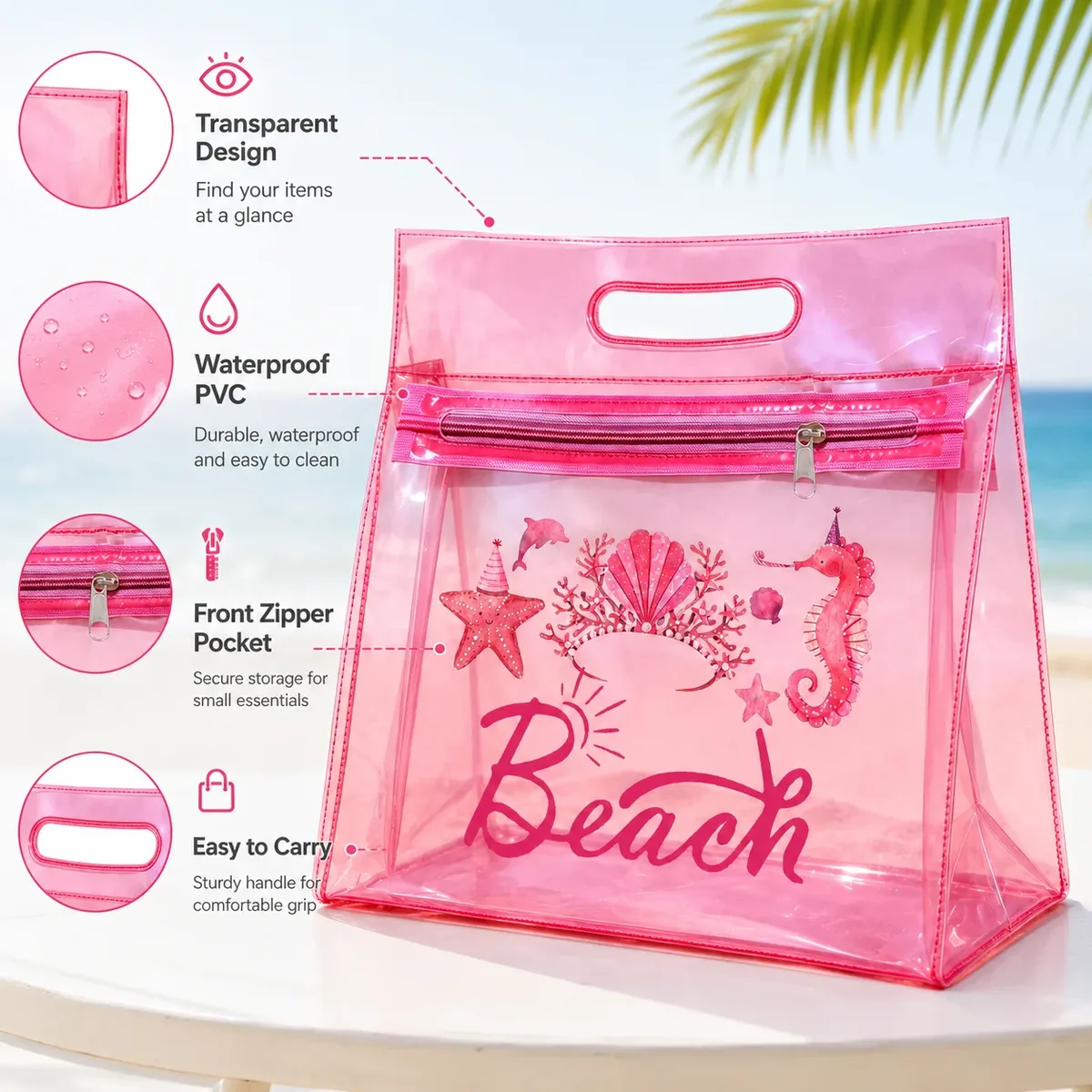 sac de plage en pvc transparent rose, organiseur de cosmétiques étanche avec fermeture éclair pour femmes, piscine, voyage, articles de toilette et été