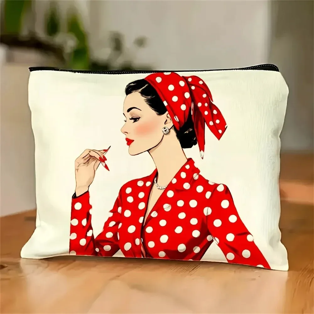 un sac de maquillage rétro à pois pour fille – jolie pochette multifonctionnelle à fermeture éclair pour femmes, sac de rangement de bijoux