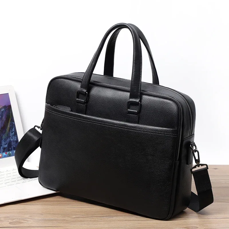 double fermeture éclair hommes sacs en cuir véritable hommes porte-documents sac d'affaires en cuir pochette d'ordinateur épaule mode bureau mâle sac à main grand