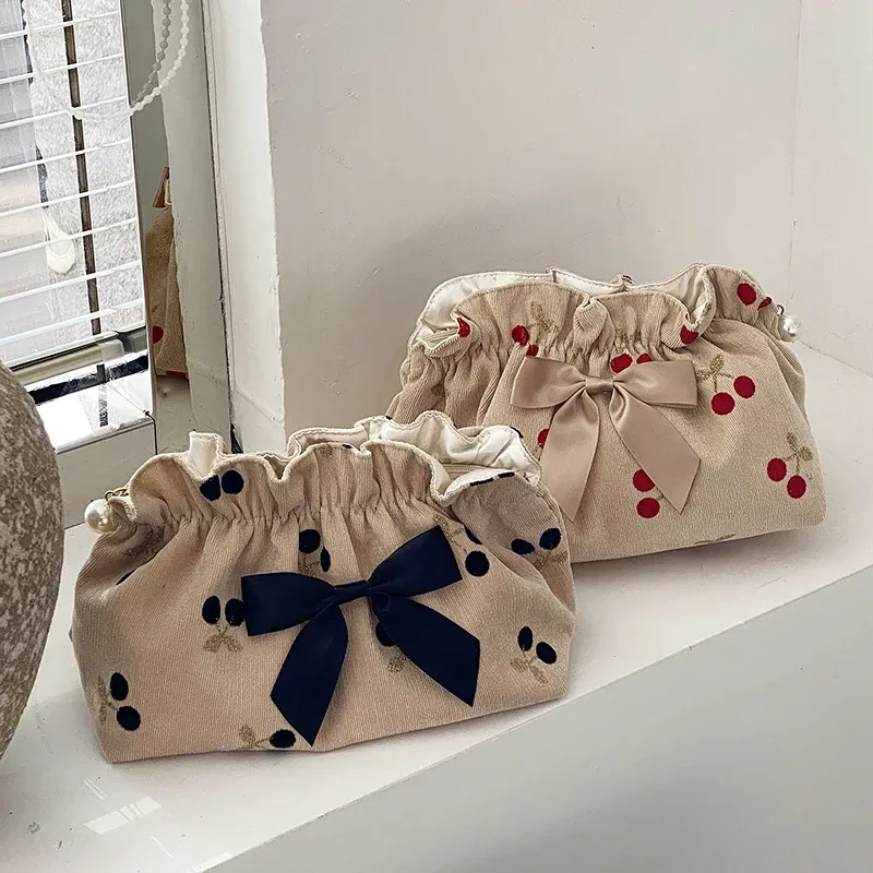 Sac à cosmétiques en velours côtelé imprimé cerise pour femmes, sacs de maquillage de grande capacité pour rouge à lèvres, Sac de rangement de voyage pour femmes