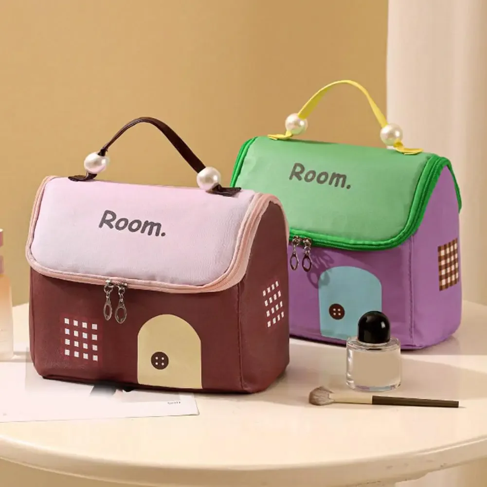 trousse de maquillage mignonne en forme de maison, grande capacité, organiseur de cosmétiques de voyage avec poignée, sac de rangement portable pour soins de la peau pour filles et étudiantes