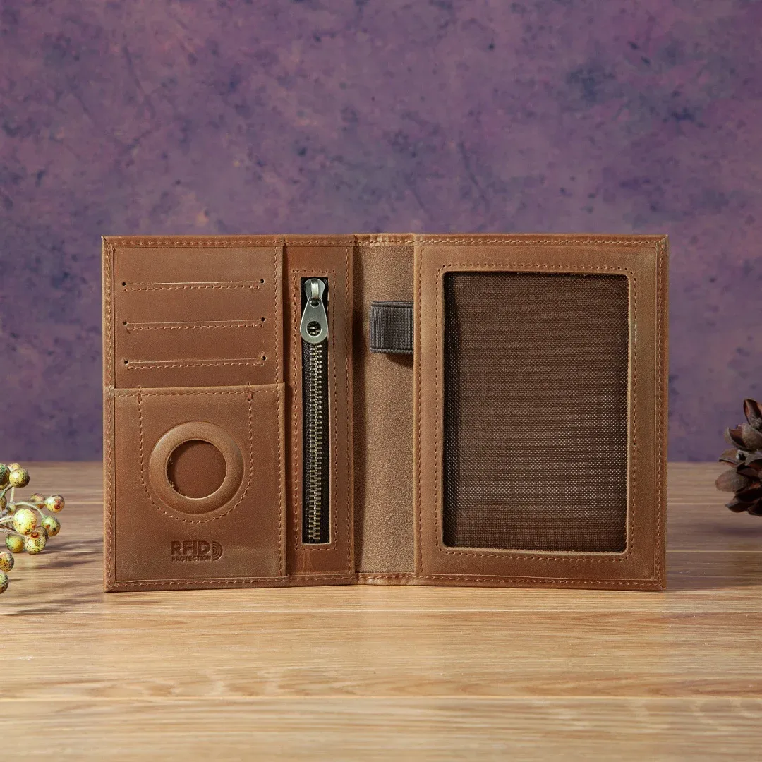 porte-passeport vintage en cuir véritable, portefeuille de voyage anti-rfid avec emplacement pour airtag et poche zippée, étui de passeport pour homme