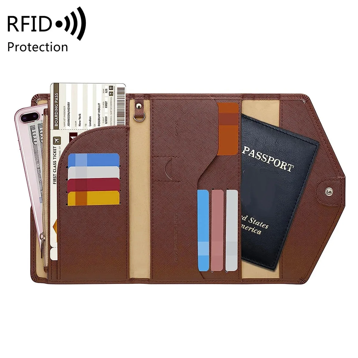 sac de passeport à brosse antivol rfid, portefeuille de voyage multifonctionnel, porte-cartes multi-porte-passeport monochrome