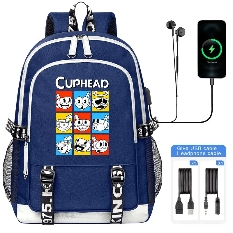 cuphead mugman sacs d'école pour adolescent usb charge sac à dos pour ordinateur portable garçons filles étudiant livre sac mochila sac de voyage