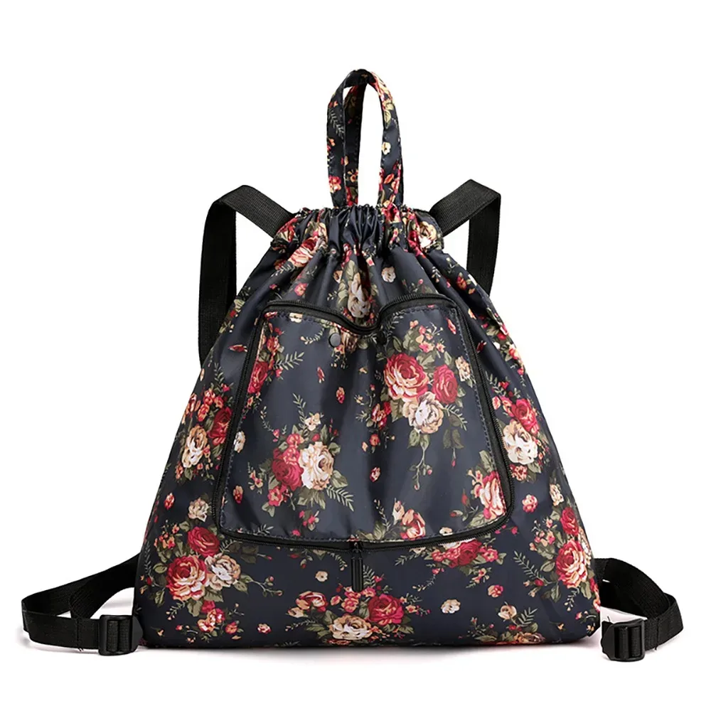 sac de courses multifonctionnel à fleurs, sac à cordon léger et portable, sac à dos plié en nylon animal, voyage