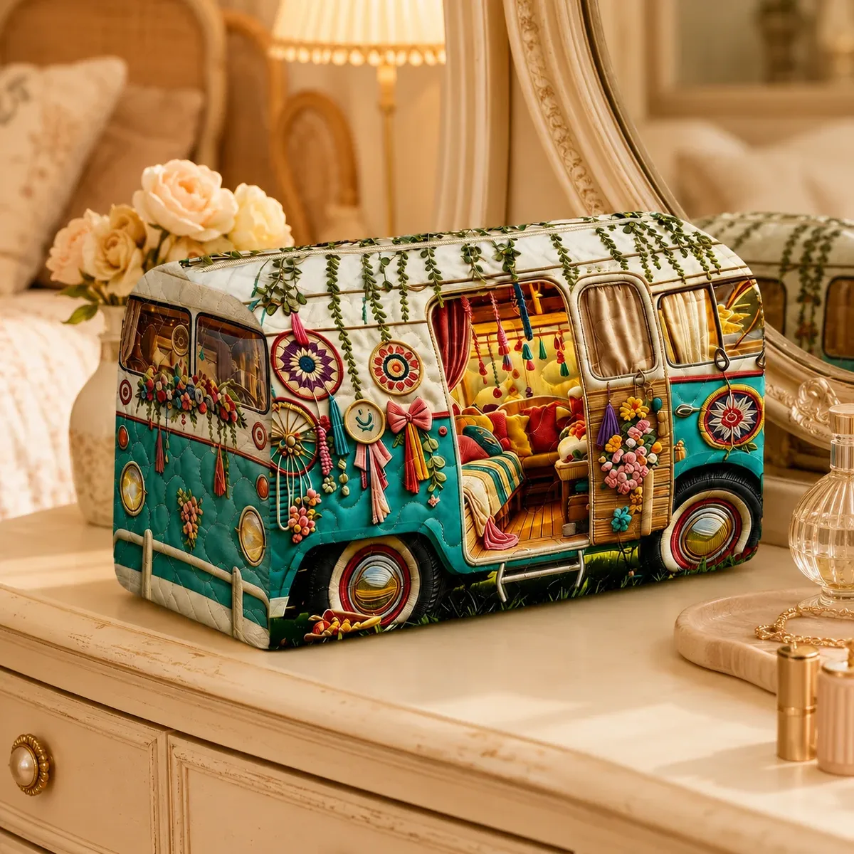 trousse de maquillage bohème camper van, pochette de toilette imprimée florale, organisateur de voyage, trousse à crayons, pochette de rangement