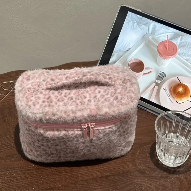 sac à cosmétiques pour femmes, sac de maquillage en peluche léopard mignon kawaii, sac de rangement multifonctionnel à la mode, grande capacité, pochette de rangement multifonctionnelle