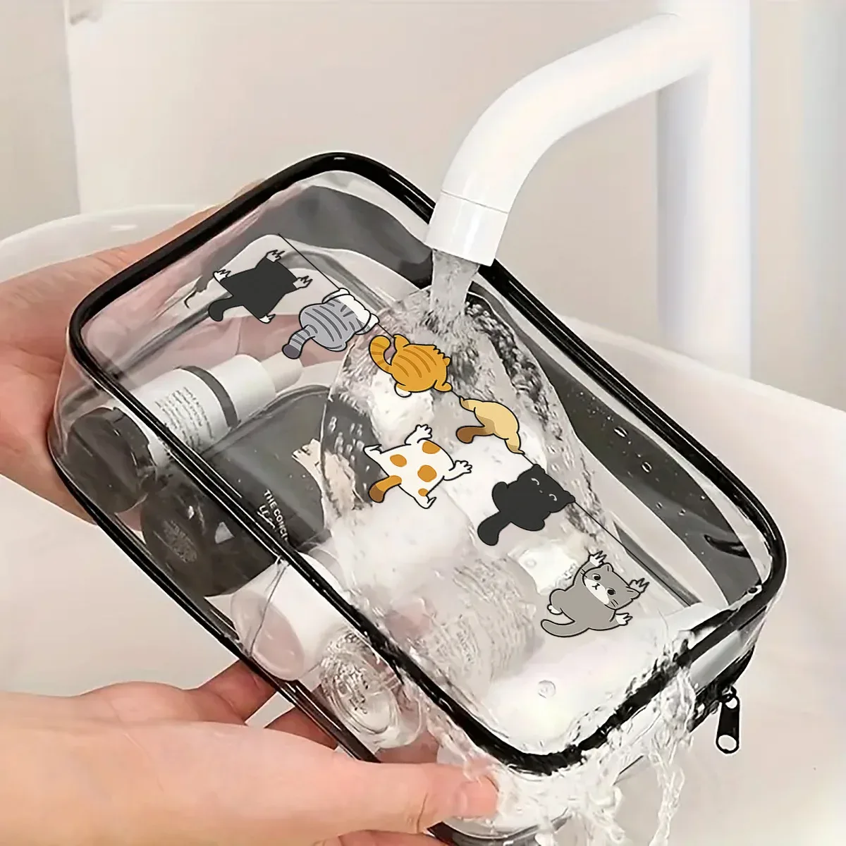 pochette de maquillage et organiseur de toilette portable en pvc transparent motif chat de dessin animé