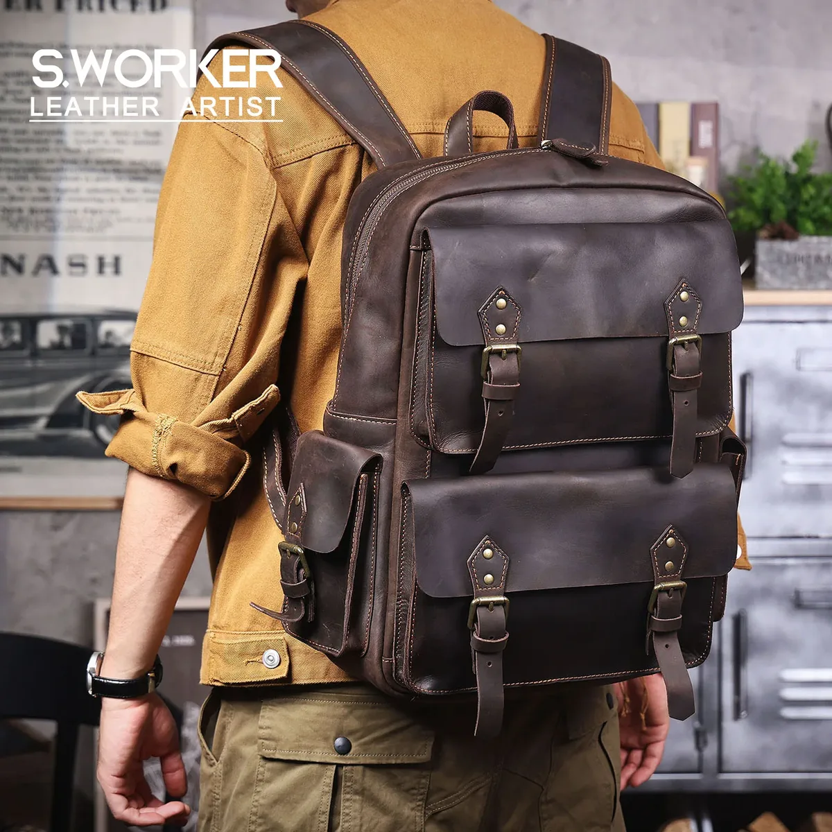 Sac à dos vintage en cuir véritable S.WORKER pour hommes, grand sac à dos pour ordinateur portable en cuir de vache, sac de voyage classique vintage en cuir Crazy Horse, sac d'école.