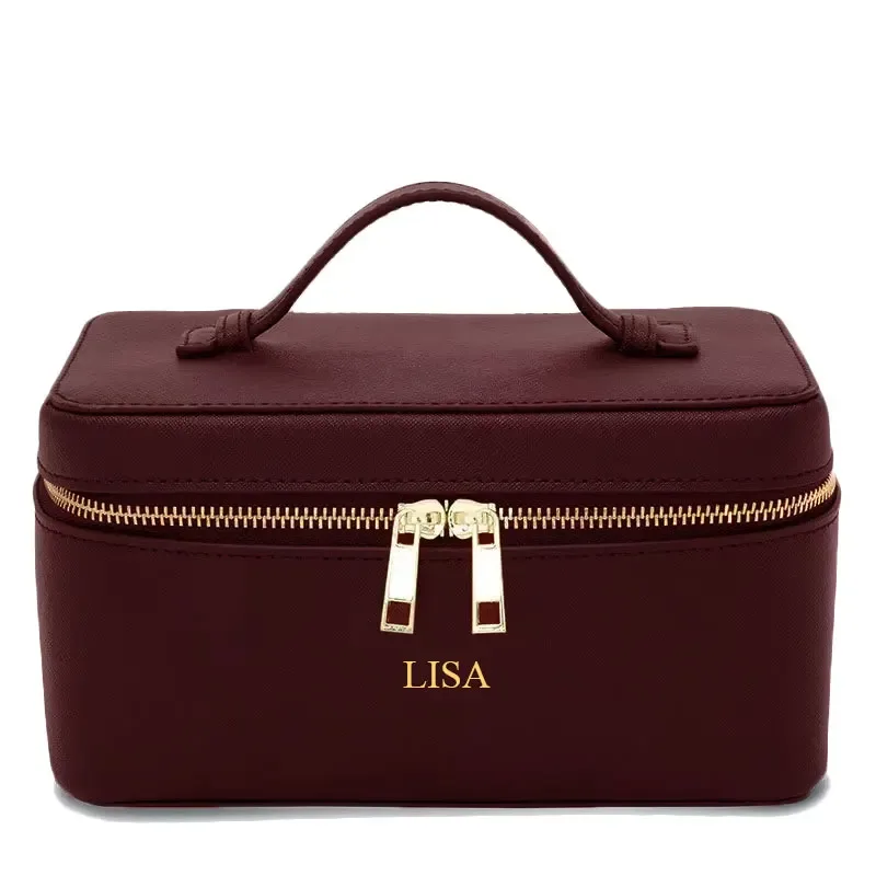Trousse de toilette de voyage en croûte de cuir Saffiano pour femmes, nom personnalisé, boîte de rangement de maquillage suspendue Portable, sac à cosmétiques pour femmes