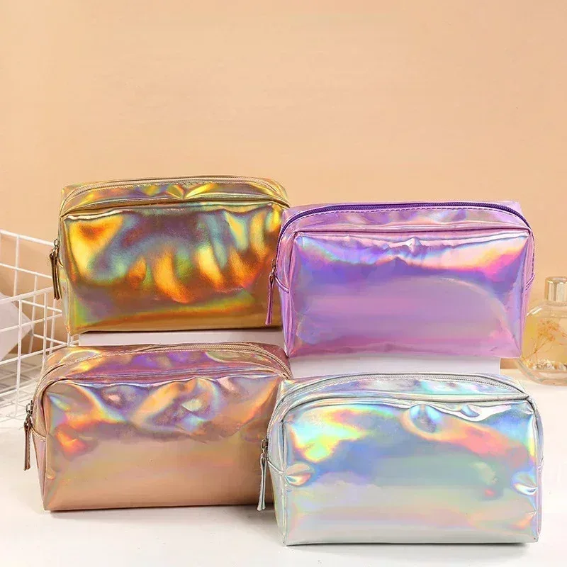 sac de maquillage laser de couleur unie, sac de rangement de lavage de voyage portable, sac de rangement de cosmétiques de toilette de grande capacité à la mode