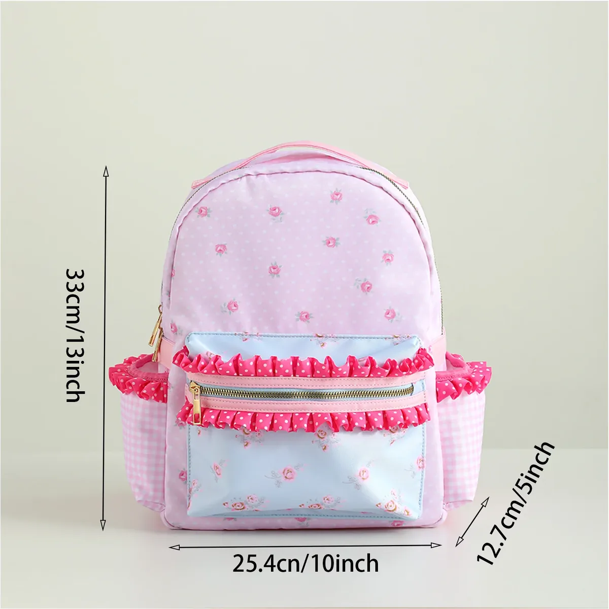 sac à dos pour filles à volants, toile florale, doublure à pois et à carreaux, grande capacité, rose, mignon, pour la rentrée scolaire.