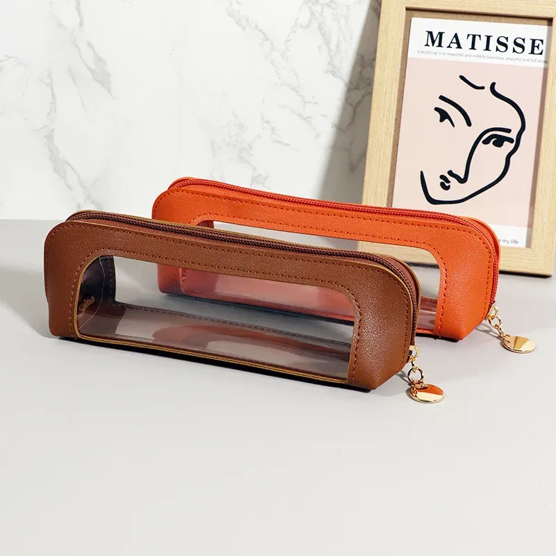 trousse à crayons en pu, portable, étanche, transparente, sac à cosmétiques, fermeture éclair, sac de rangement pour pinceaux de maquillage, pochette d'organisation d'articles divers