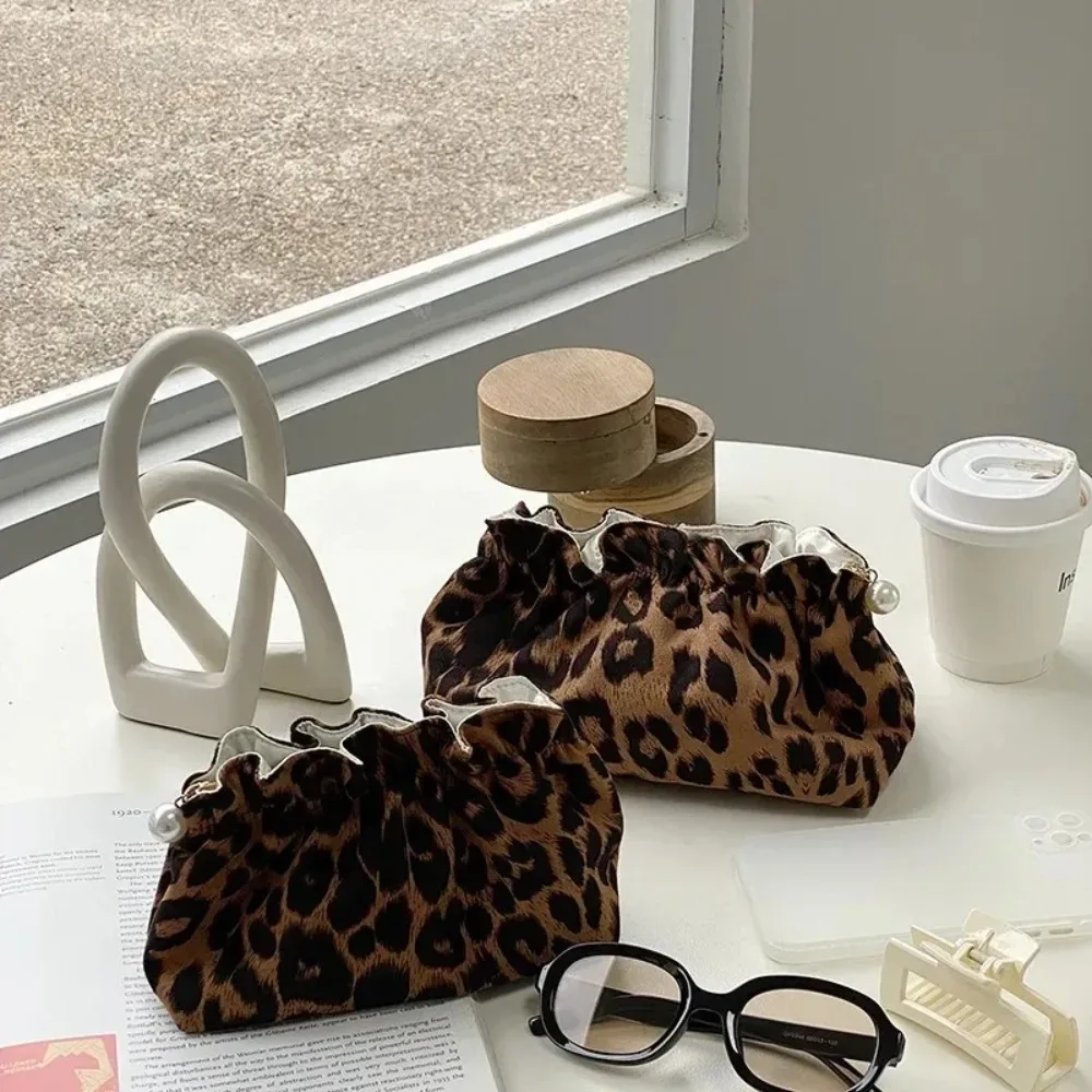 sac de maquillage pour femmes avec fermeture éclair perlée, imprimé léopard, grande capacité, trousse de toilette de voyage, sac à main portable, sacs de maquillage