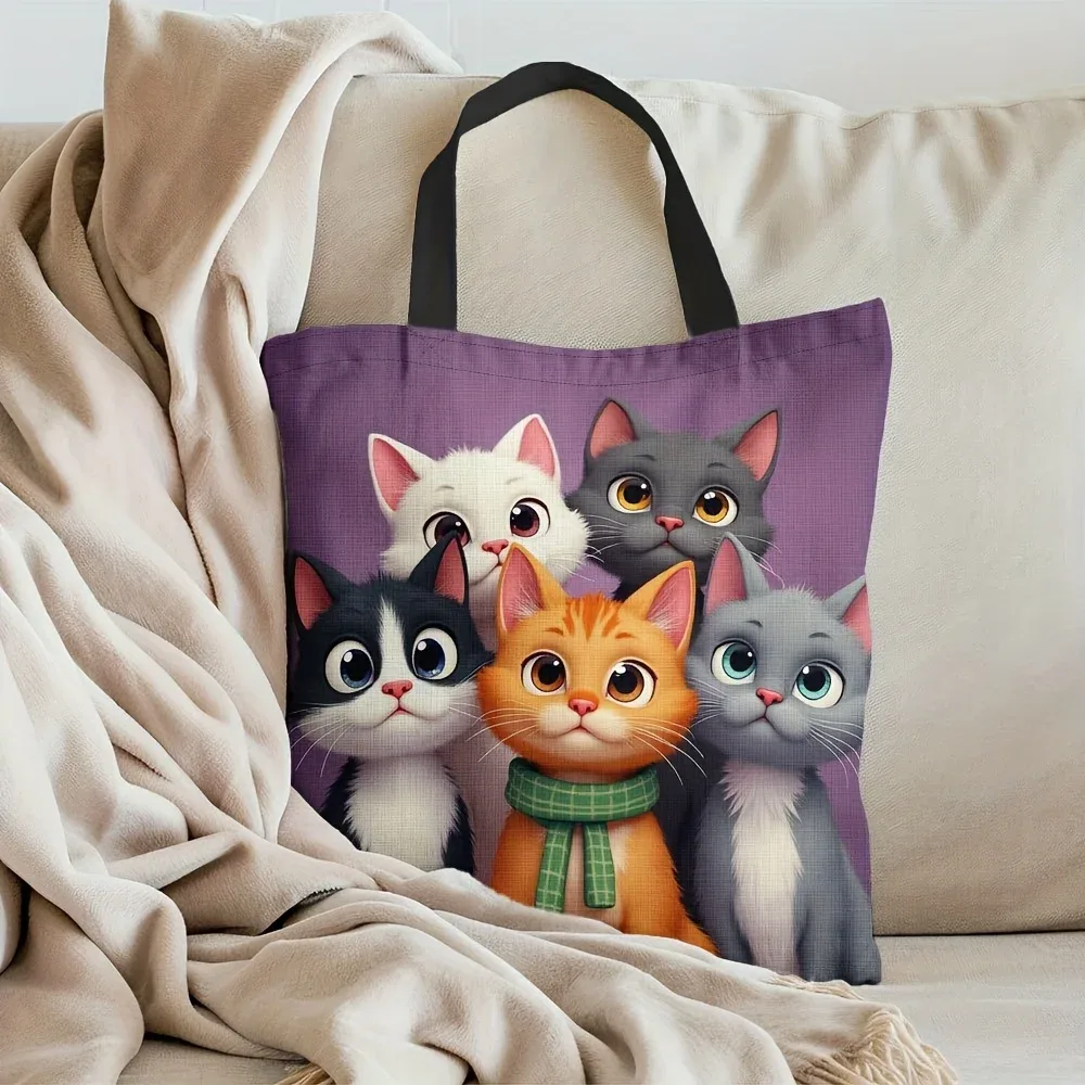 1pc adorable sac fourre-tout chat de dessin animé-polyester durable, conception de chaton orange et blanc vibrant avec écharpe verte