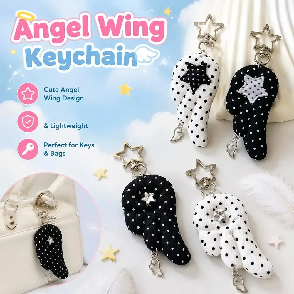 Porte-clés Y2K à pois avec ailes d'ange, breloque mignonne INS en forme d'étoile, pendentif vintage pentagramme pour sac à dos, accessoires cadeaux pour filles