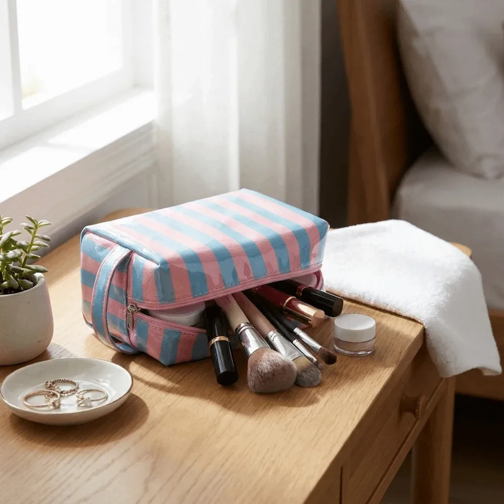 trousse de toilette rayée imperméable grande capacité en pvc rose simple et portable pour maquillage et plage