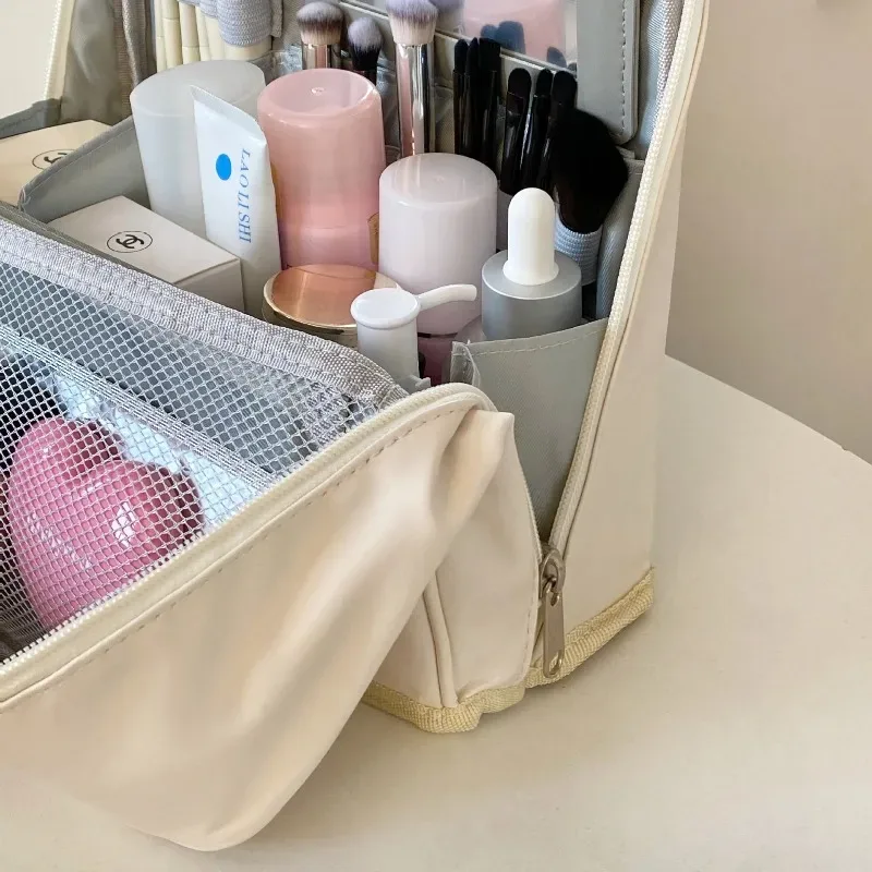 sac de maquillage portable grande capacité pour femmes, sac de voyage suspendu avec compartiments et miroir intégré, sac de rangement