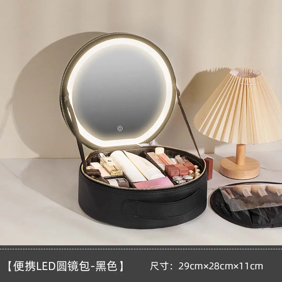 sac à cosmétiques circulaire avec lumière led miroir, sac de rangement de cosmétiques portable de grande capacité pour voyages d'affaires, étui à cosmétiques
