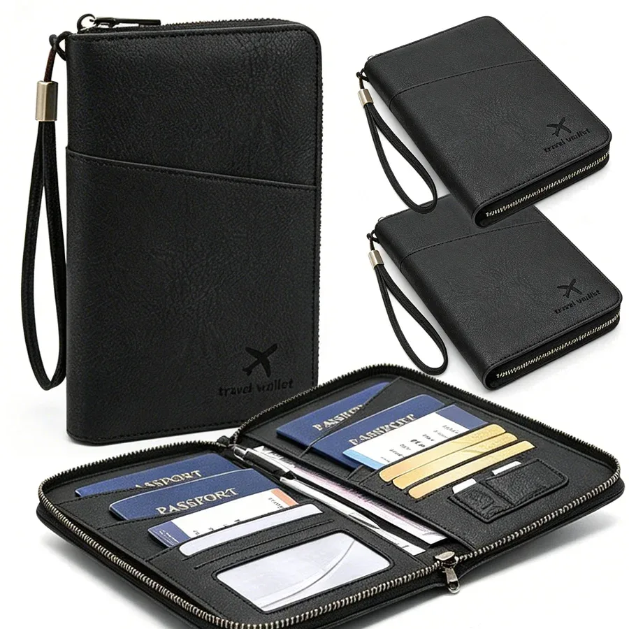 Porte-passeport avec fermeture à glissière, protection RFID, étui de rangement pour documents de voyage multi-poches noir, portefeuille en simili cuir XJM, 1 pièce
