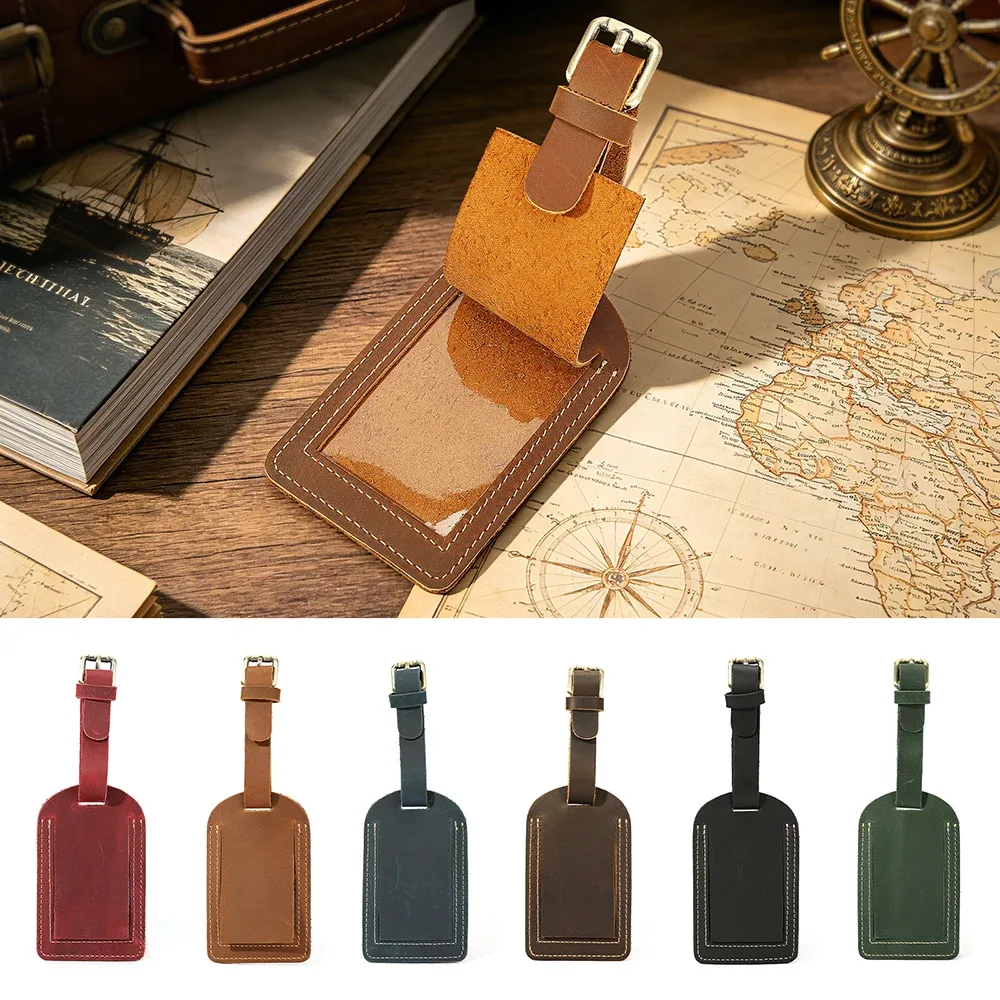 étiquette de bagage vintage en cuir véritable crazy horse avec cache de confidentialité, étiquette d'identification et d'adresse, sangle réglable, accessoire de voyage pour valise et bagages